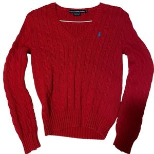 Red V-neck Ralph Lauren cable knit sweater